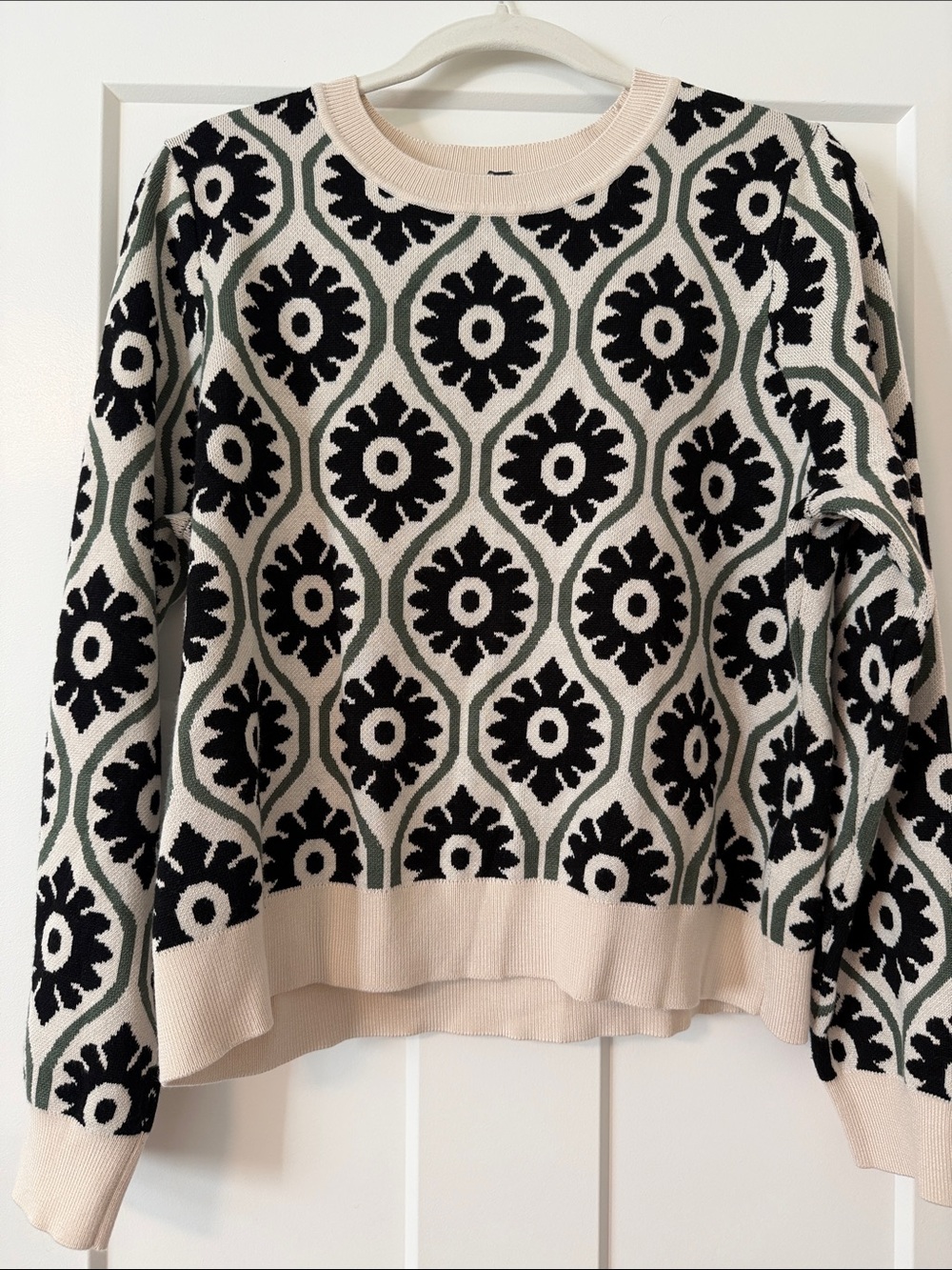 Adrianna Papell Cream Crewneck Sweater with Black and Green Motif